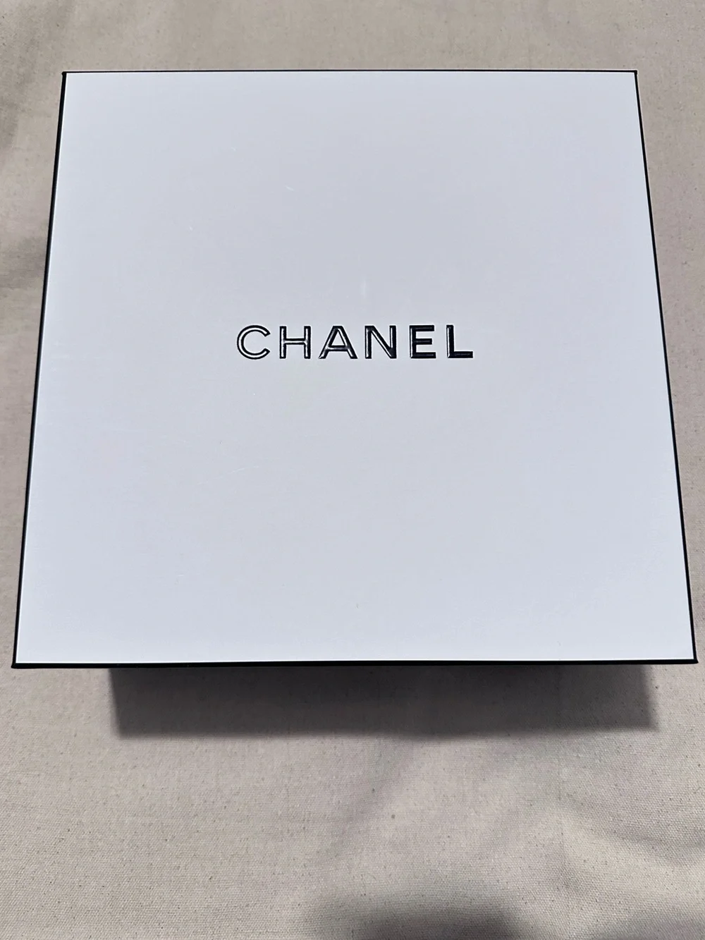 CHANEL | Box | Large Square White Box with Black Logo and Trim